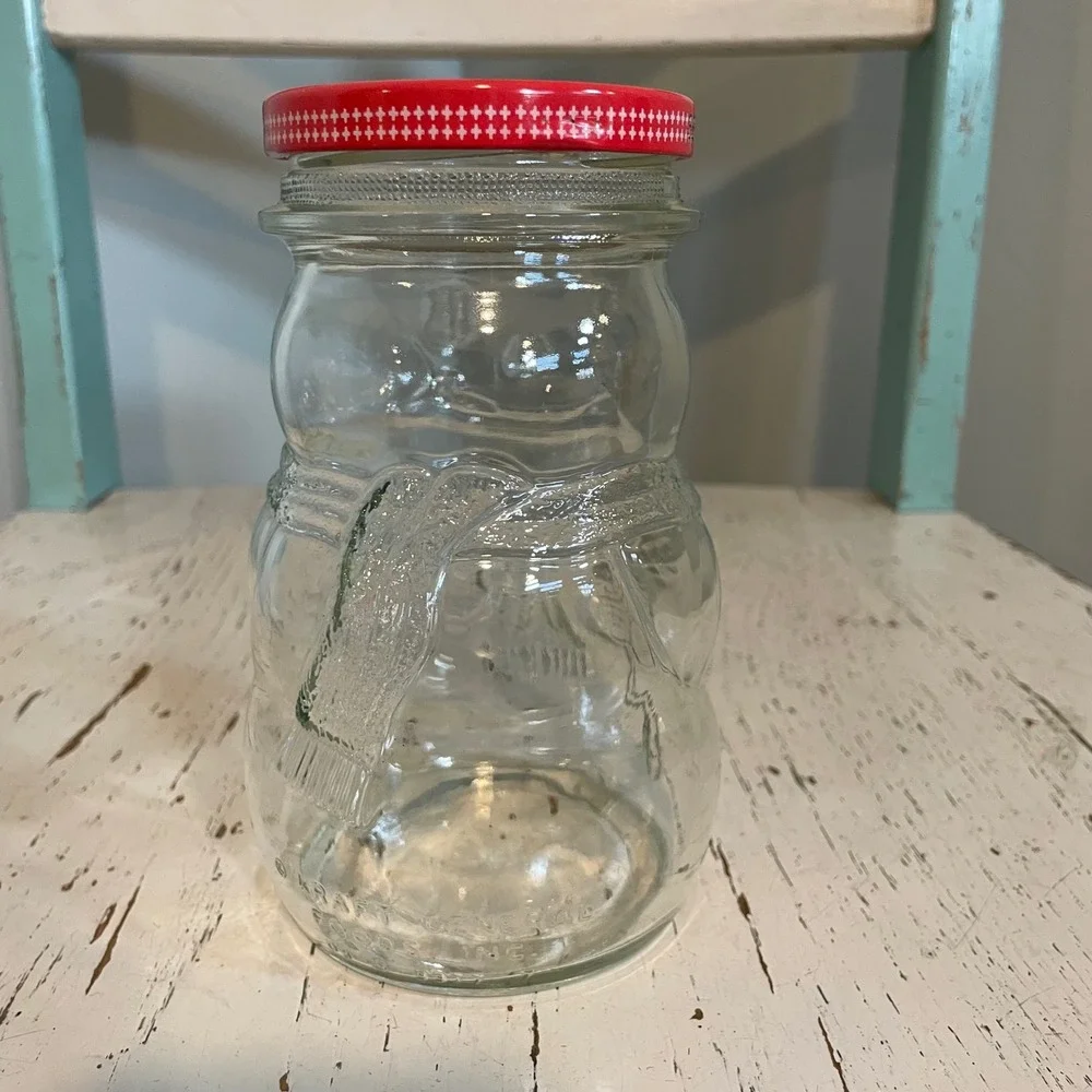 Vintage 1992 Kraft Strawberry Jam Snowman Glass Jar Red Lid 28oz Collectible